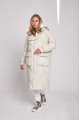 Long white women's down jacket with natural filler in the style of OVERSIZE