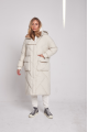 Long white women's down jacket with natural filler in the style of OVERSIZE