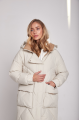 Long white women's down jacket with natural filler in the style of OVERSIZE