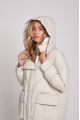 Long white women's down jacket with natural filler in the style of OVERSIZE