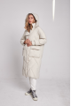 Long white women's down jacket with natural filler in the style of OVERSIZE