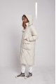 Long white women's down jacket with natural filler in the style of OVERSIZE