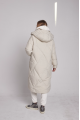 Long white women's down jacket with natural filler in the style of OVERSIZE