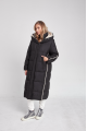 Long black women's down jacket with natural filler in the style of OVERSIZE