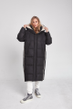 Long black women's down jacket with natural filler in the style of OVERSIZE