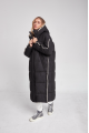 Long black women's down jacket with natural filler in the style of OVERSIZE