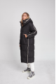 Long black women's down jacket with natural filler in the style of OVERSIZE