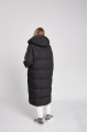 Long black women's down jacket with natural filler in the style of OVERSIZE