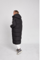 Long black women's down jacket with natural filler in the style of OVERSIZE