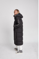 Long black women's down jacket with natural filler in the style of OVERSIZE