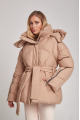 Short women's down jacket of beige color with natural filler