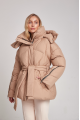 Short women's down jacket of beige color with natural filler