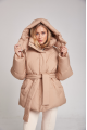 Short women's down jacket of beige color with natural filler