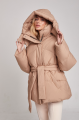 Short women's down jacket of beige color with natural filler