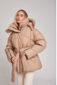 Short women's down jacket of beige color with natural filler