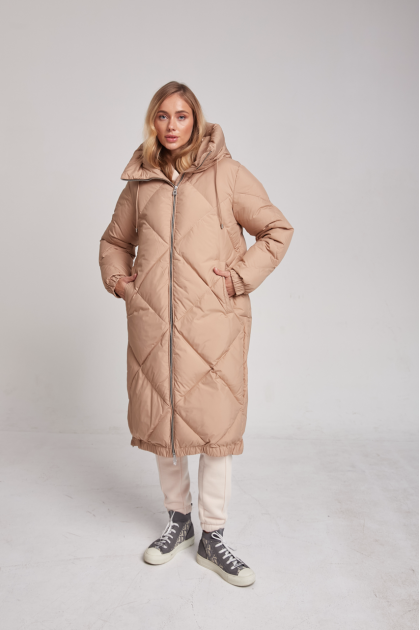 Long beige women's down jacket