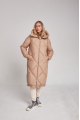 Long beige women's down jacket with natural filler