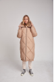 Long beige women's down jacket with natural filler