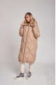 Long beige women's down jacket with natural filler