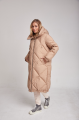 Long beige women's down jacket with natural filler