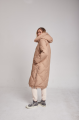 Long beige women's down jacket with natural filler