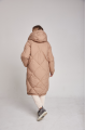 Long beige women's down jacket with natural filler