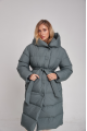 Long down jacket of green color with natural filling