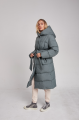 Long down jacket of green color with natural filling