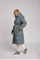 Long down jacket of green color with natural filling