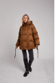 A short caramel down jacket with a belt and natural filling