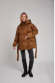 A short caramel down jacket with a belt and natural filling