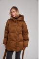 A short caramel down jacket with a belt and natural filling