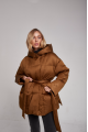 A short caramel down jacket with a belt and natural filling