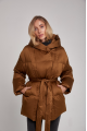 A short caramel down jacket with a belt and natural filling