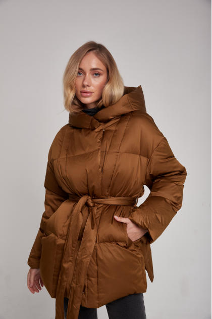 Caramel down jacket with a belt