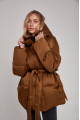 A short caramel down jacket with a belt and natural filling