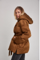 A short caramel down jacket with a belt and natural filling