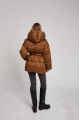 A short caramel down jacket with a belt and natural filling