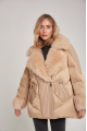 Women's down jacket of beige color with mink fur and decorative knitting and natural filler