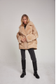 Women's down jacket of beige color with mink fur and decorative knitting and natural filler