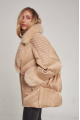 Women's down jacket of beige color with mink fur and decorative knitting and natural filler