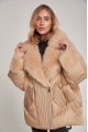 Women's down jacket of beige color with mink fur and decorative knitting and natural filler