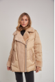 Women's down jacket of beige color with mink fur and decorative knitting and natural filler