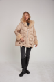 Stylish women's down jacket of beige color with cashmere lamb fur and natural filler