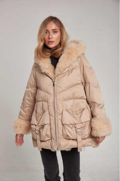 Beige down jacket with fur