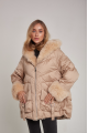 Stylish women's down jacket of beige color with cashmere lamb fur and natural filler