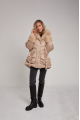 Stylish women's down jacket of beige color with cashmere lamb fur and natural filler