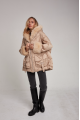 Stylish women's down jacket of beige color with cashmere lamb fur and natural filler