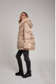 Stylish women's down jacket of beige color with cashmere lamb fur and natural filler