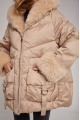 Stylish women's down jacket of beige color with cashmere lamb fur and natural filler